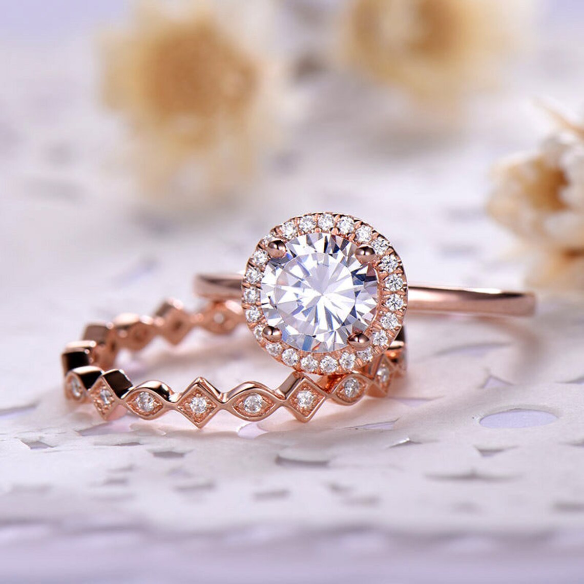 1 CT Round Cut White Diamond Rose Gold Over On 925 Sterling Silver Full Eternity Stacking Band Ring Set
