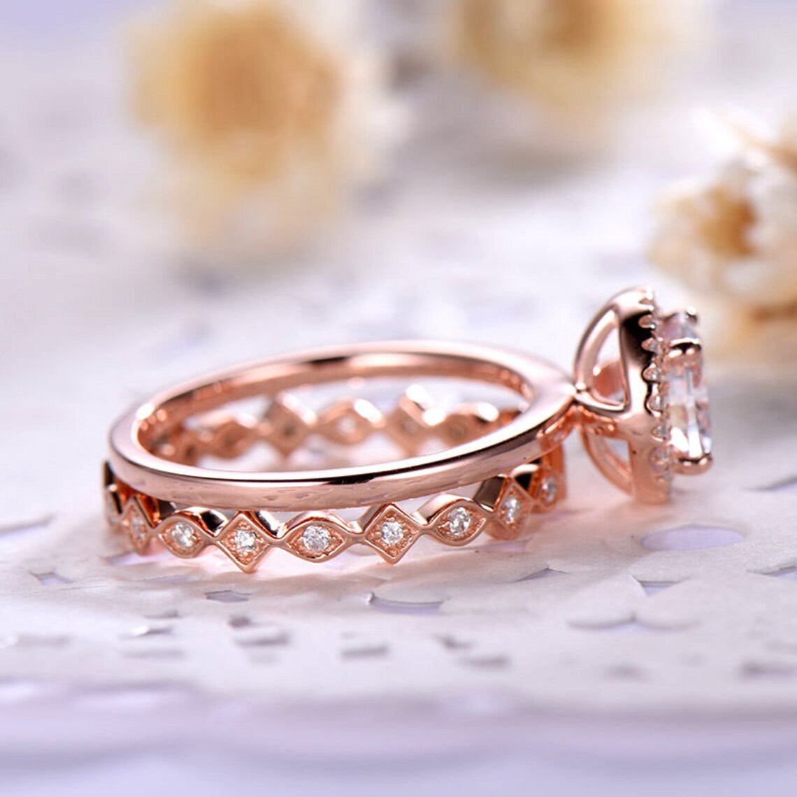 1 CT Round Cut White Diamond Rose Gold Over On 925 Sterling Silver Full Eternity Stacking Band Ring Set