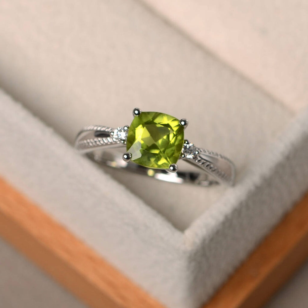 1.50 Ct Cushion Cut Peridot 925 Sterling Silver Three Stone Promise Gift Ring