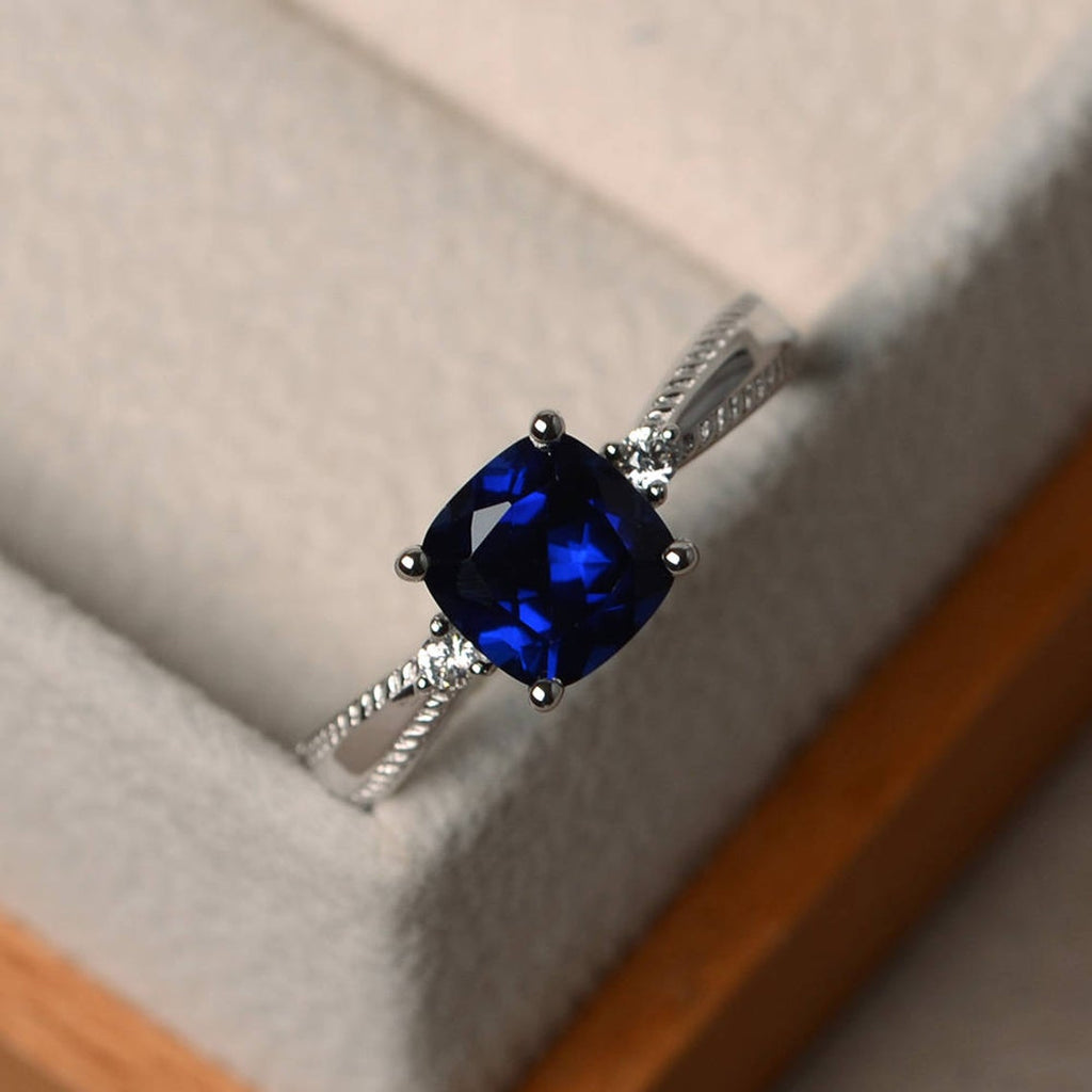 1.50 Ct Cushion Cut Blue Sapphire & White CZ 925 Sterling Silver Three-Stone Promise Ring