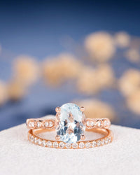 1 CT Oval Cut Aquamarine Rose Gold Over On 925 Sterling Silver Bridal Wedding Ring Set