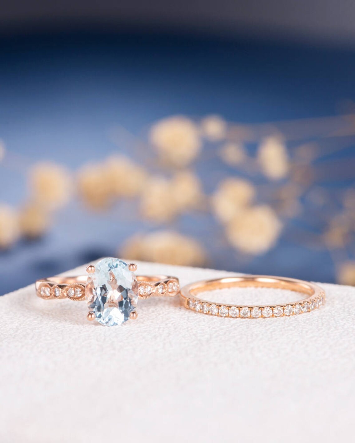 1 CT Oval Cut Aquamarine Rose Gold Over On 925 Sterling Silver Bridal Wedding Ring Set
