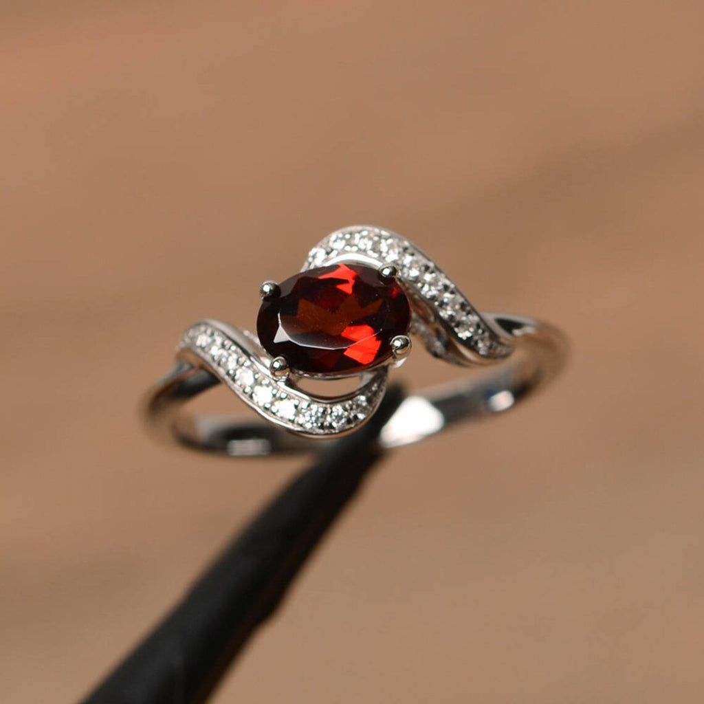 1 CT Oval Cut Red Garnet White Gold Over On 925 Sterling Silver Bypass Anniversary Ring