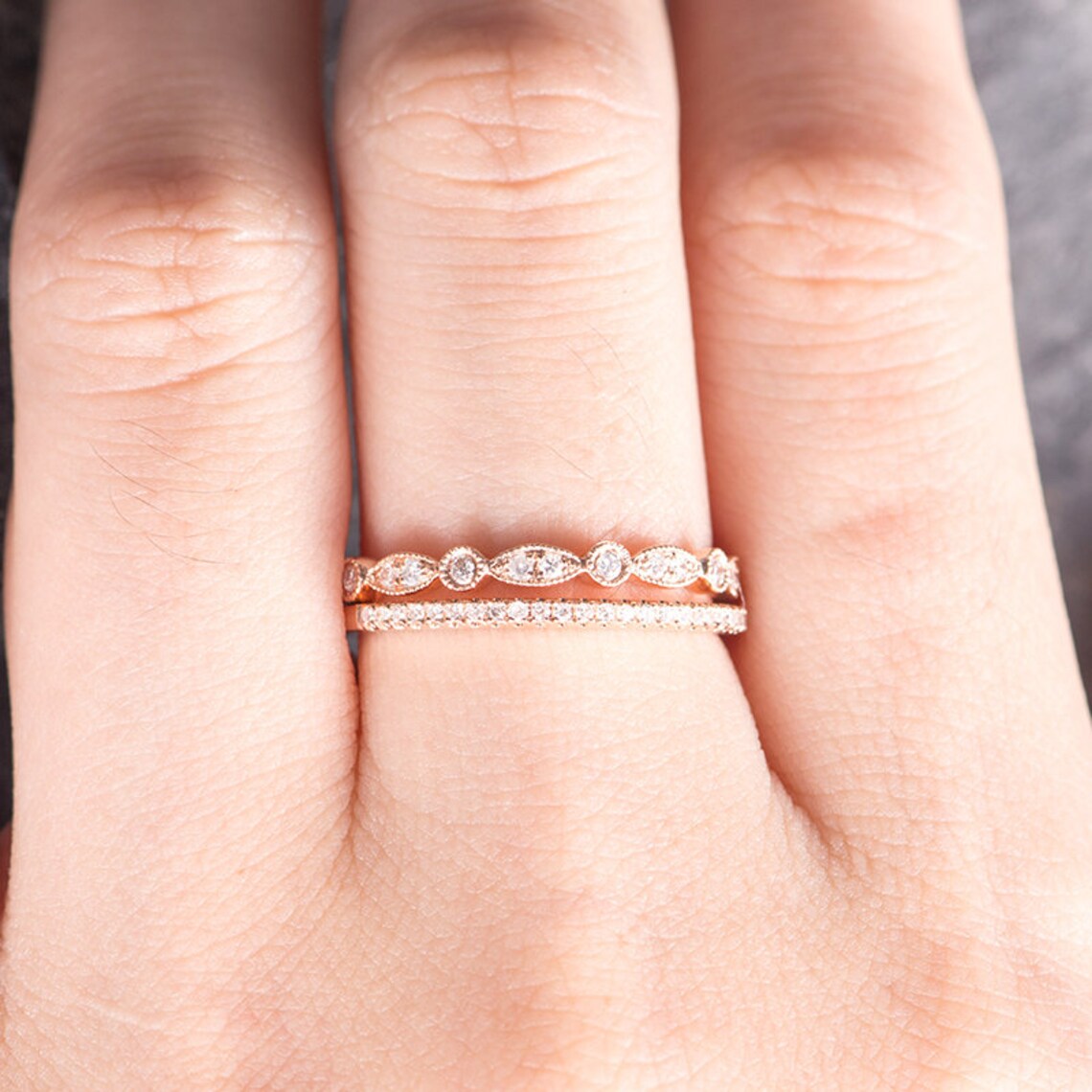 1.20 CT Round Cut White Diamond Rose Gold Over On 925 Sterling Silver Eternity Band Bridal Ring Set