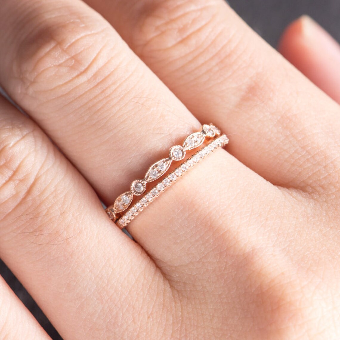 1.20 CT Round Cut White Diamond Rose Gold Over On 925 Sterling Silver Eternity Band Bridal Ring Set