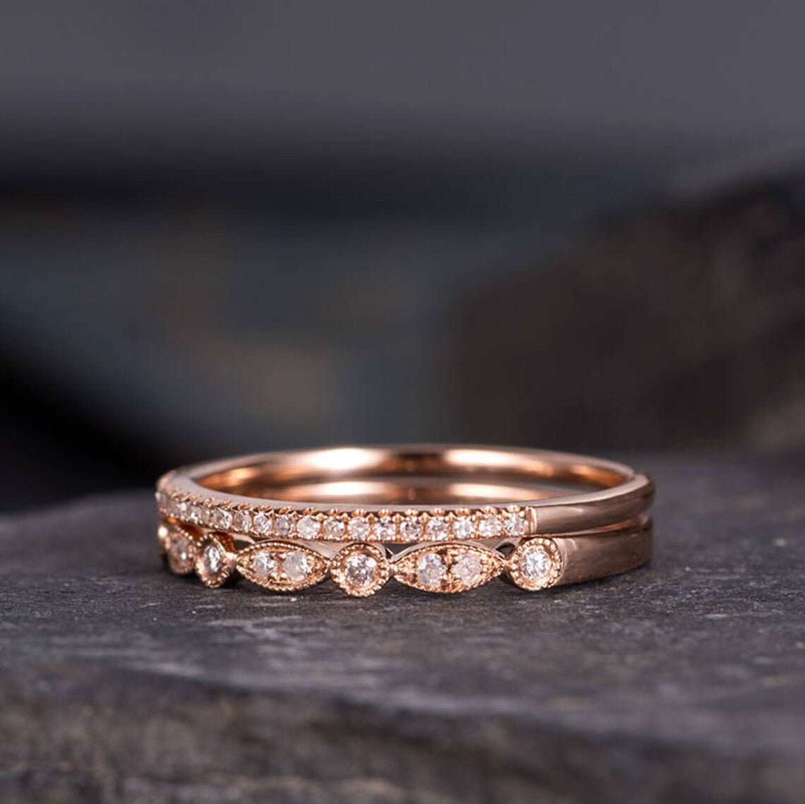 1.20 CT Round Cut White Diamond Rose Gold Over On 925 Sterling Silver Eternity Band Bridal Ring Set