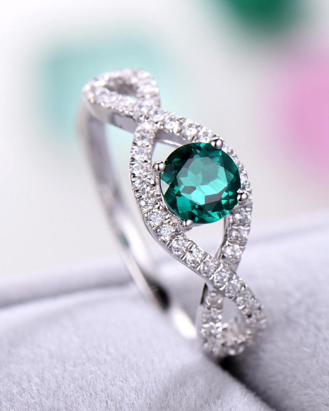 1.75 Ct Round Cut Green Emerald 925 Sterling Silver Infinity Engagement Ring