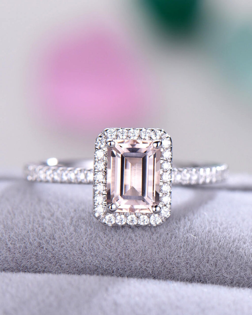 1.50  Ct Emerald Cut Pink Morganite Halo Engagement Ring 925 Sterling Silver
