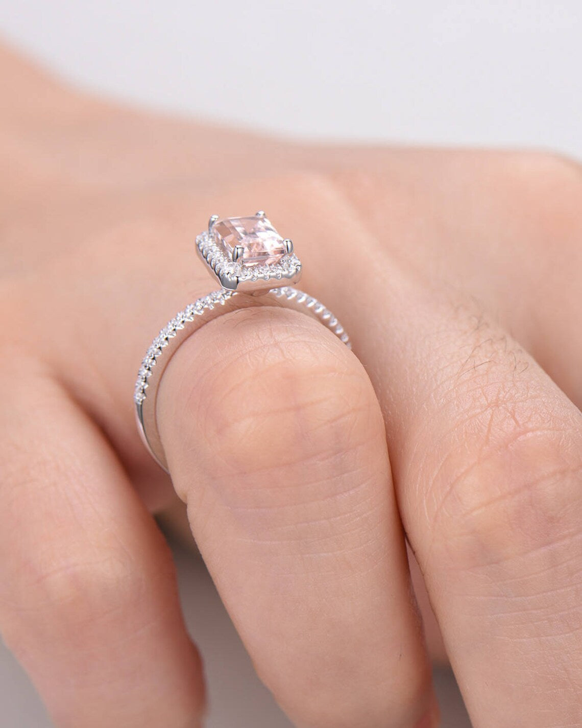 1.50  Ct Emerald Cut Pink Morganite Halo Engagement Ring 925 Sterling Silver