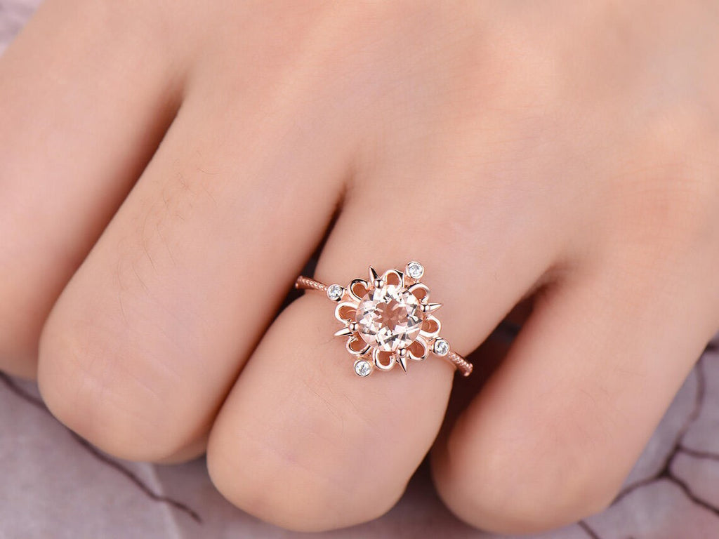 1 CT Round Cut Pink Morganite Rose Gold Over On 925 Sterling Silver Unique Floral Engagement Ring