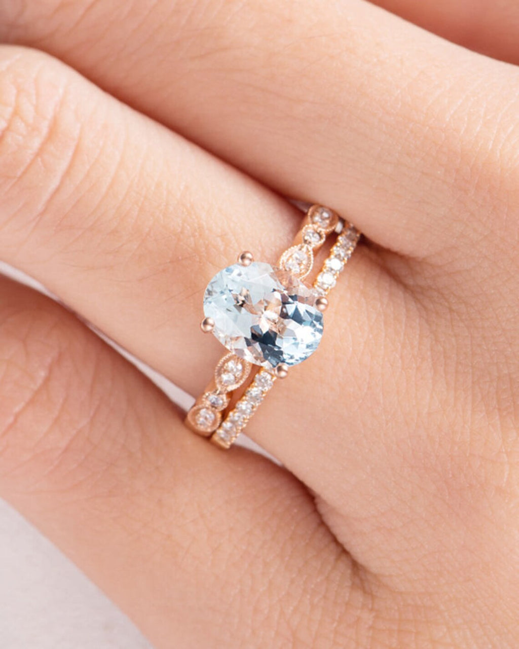 1 CT Oval Cut Aquamarine Rose Gold Over On 925 Sterling Silver Bridal Wedding Ring Set