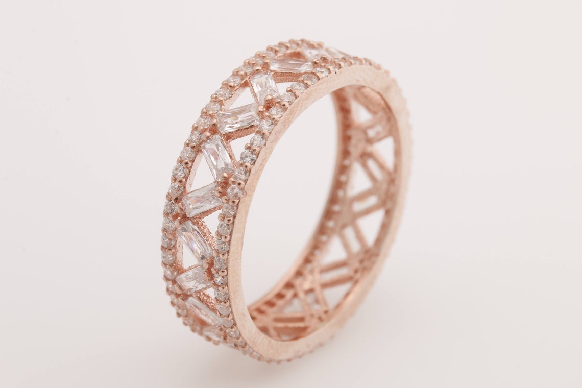 1.50 Ct Baguette & Round Cut White Diamond Rose Gold Over On 925 Sterling Silver Full Eternity Wedding Band Ring