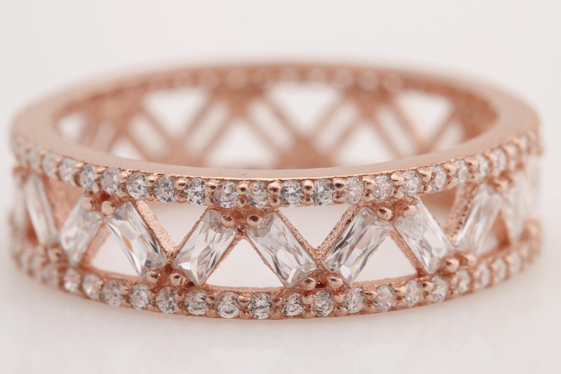 1.50 Ct Baguette & Round Cut White Diamond Rose Gold Over On 925 Sterling Silver Full Eternity Wedding Band Ring