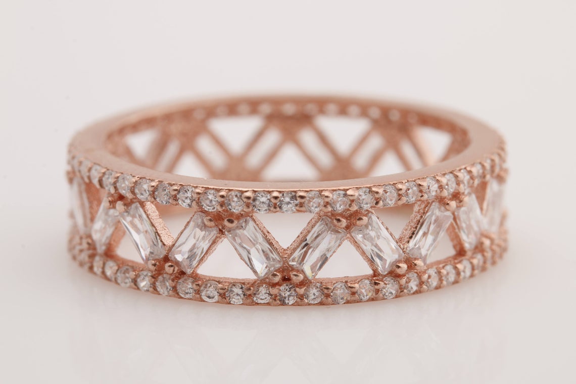 1.50 Ct Baguette & Round Cut White Diamond Rose Gold Over On 925 Sterling Silver Full Eternity Wedding Band Ring
