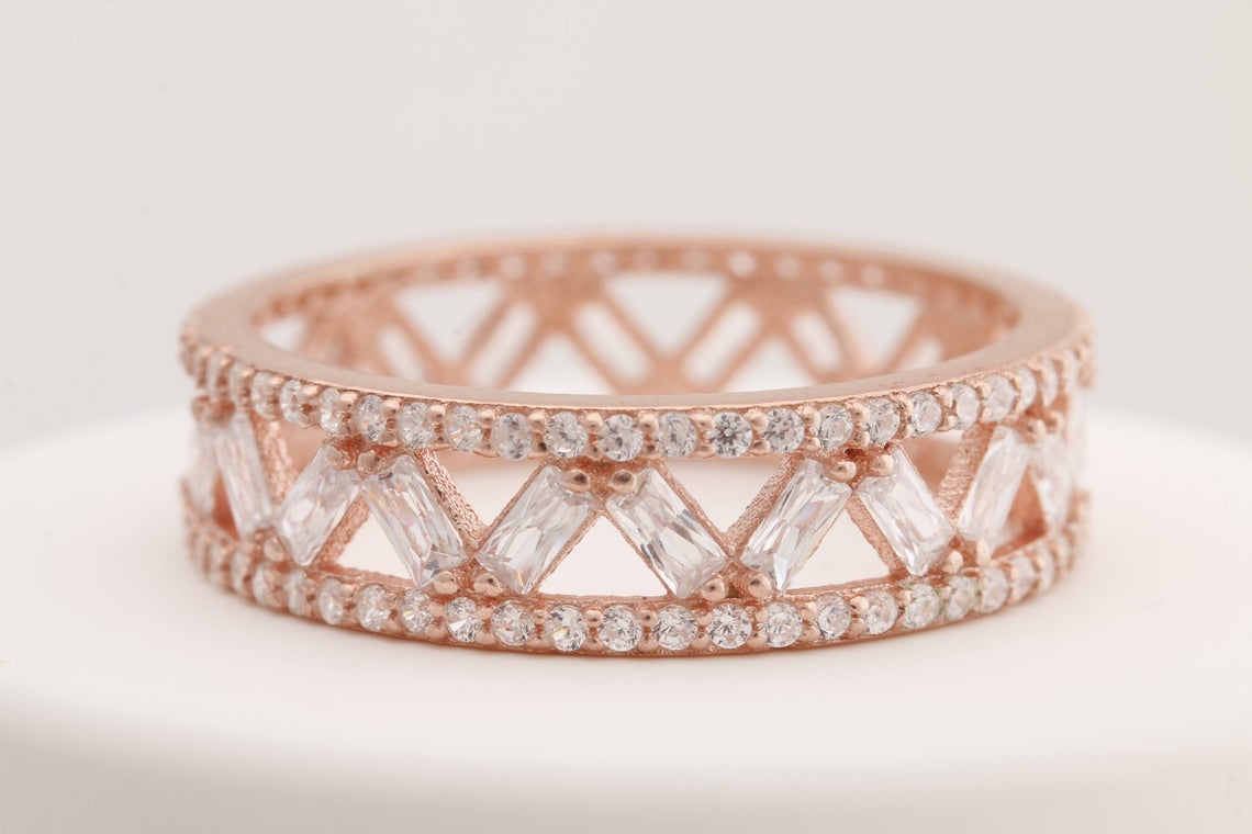 1.50 Ct Baguette & Round Cut White Diamond Rose Gold Over On 925 Sterling Silver Full Eternity Wedding Band Ring