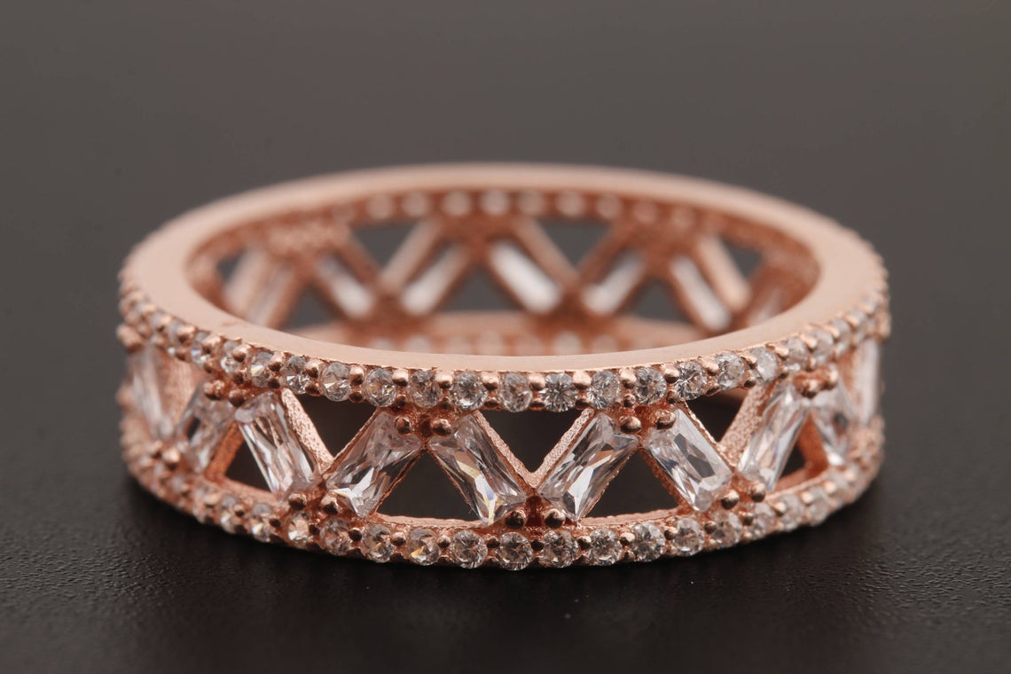 1.50 Ct Baguette & Round Cut White Diamond Rose Gold Over On 925 Sterling Silver Full Eternity Wedding Band Ring