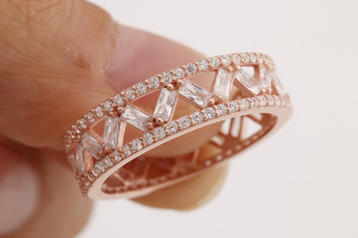 1.50 Ct Baguette & Round Cut White Diamond Rose Gold Over On 925 Sterling Silver Full Eternity Wedding Band Ring