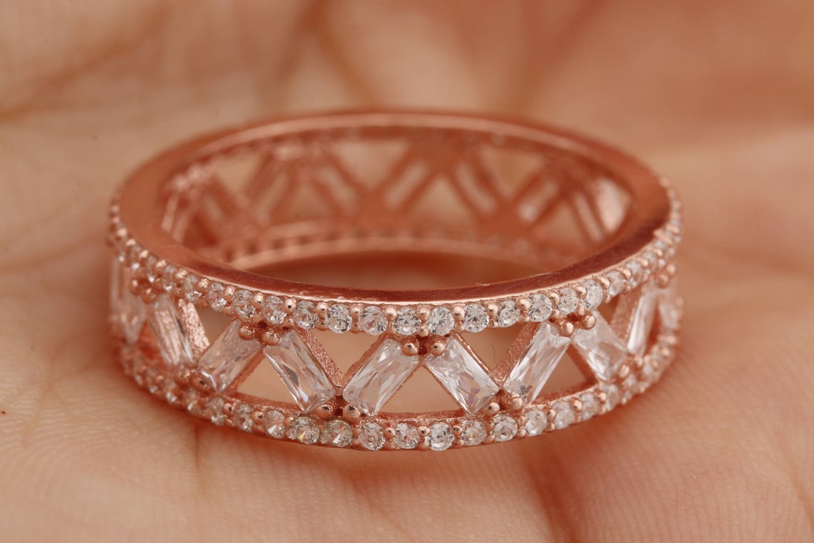 1.50 Ct Baguette & Round Cut White Diamond Rose Gold Over On 925 Sterling Silver Full Eternity Wedding Band Ring