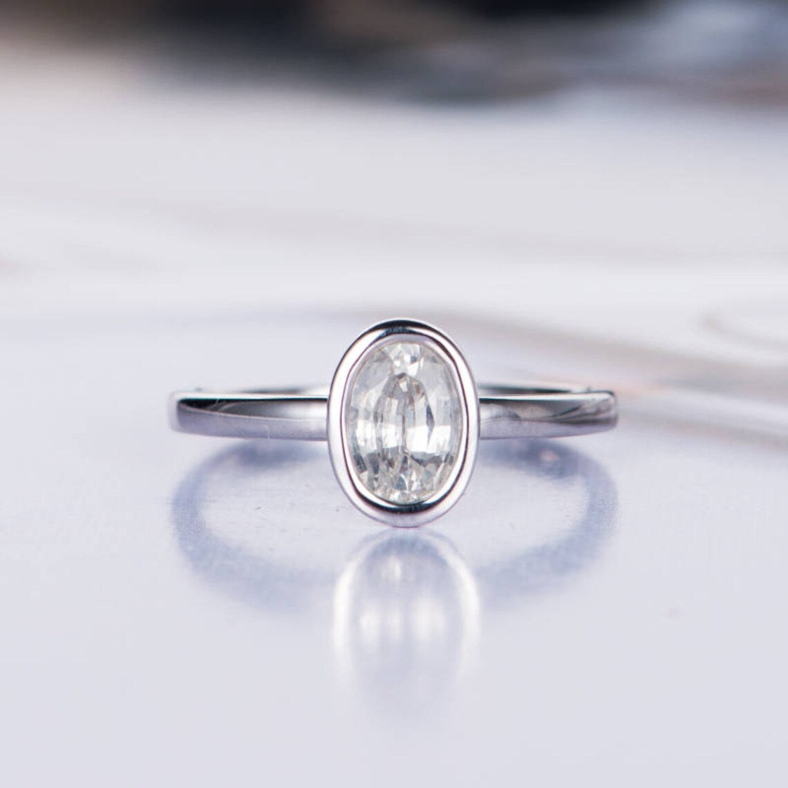1.25 Ct Oval Cut White Topaz 925 Sterling Silver Bezel Set Solitaire Ring