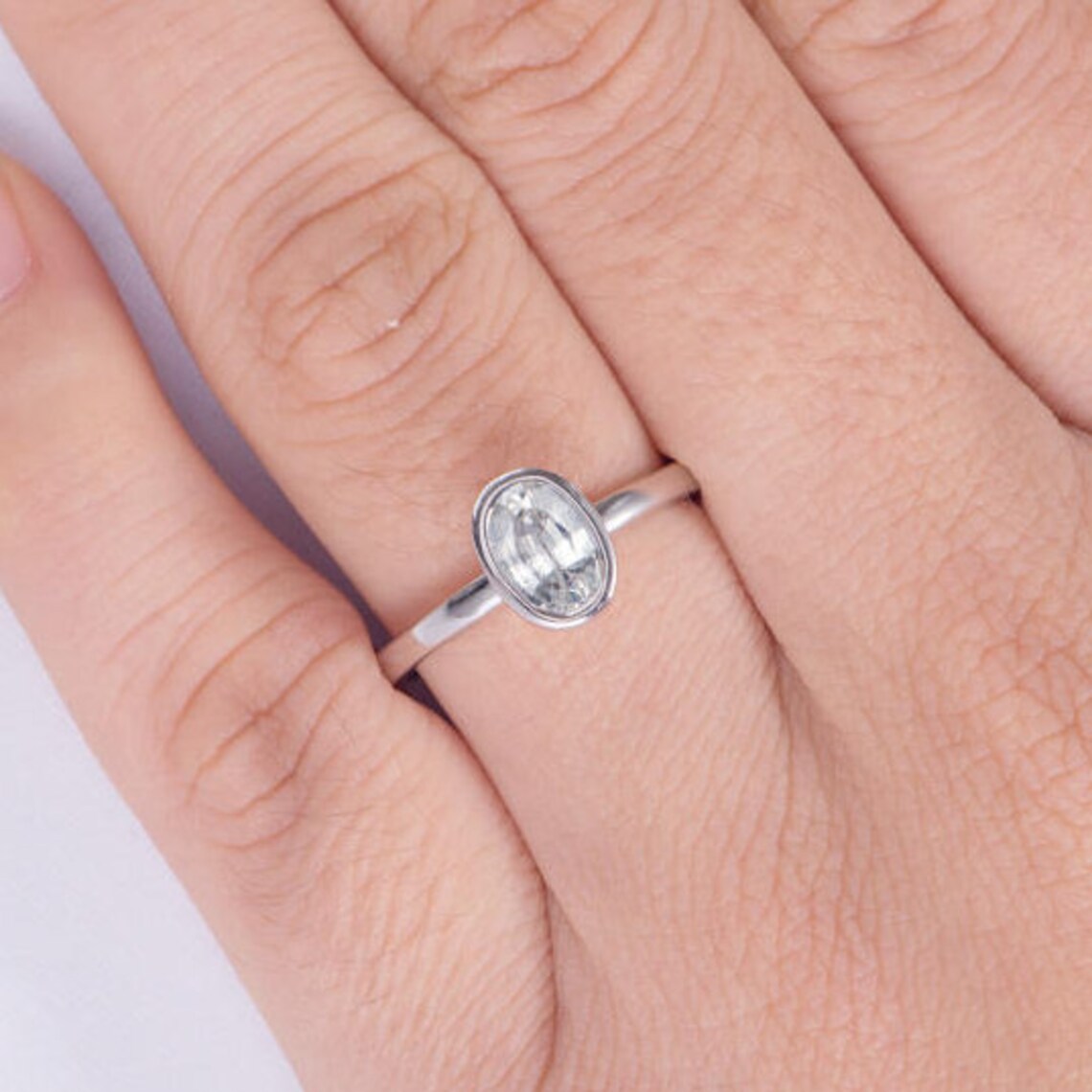 1.25 Ct Oval Cut White Topaz 925 Sterling Silver Bezel Set Solitaire Ring