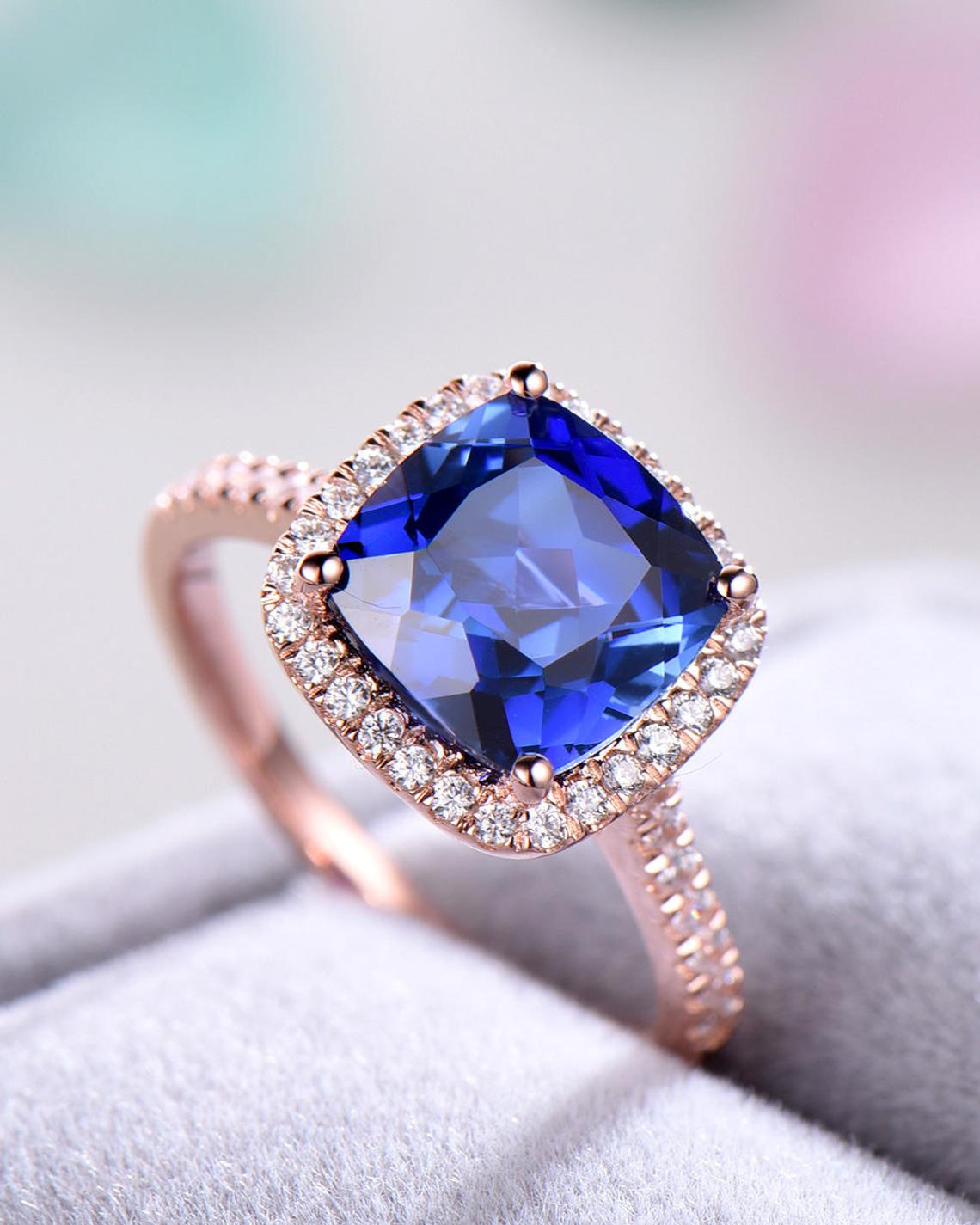 1 CT Cushion Cut Blue Sapphire Diamond Rose Gold Over On 925 Sterling Silver Halo Women Wedding Ring