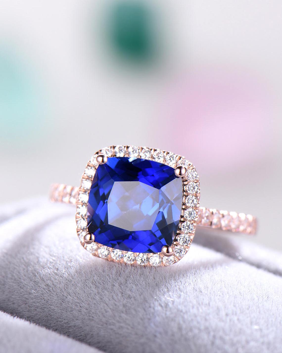 1 CT Cushion Cut Blue Sapphire Diamond Rose Gold Over On 925 Sterling Silver Halo Women Wedding Ring