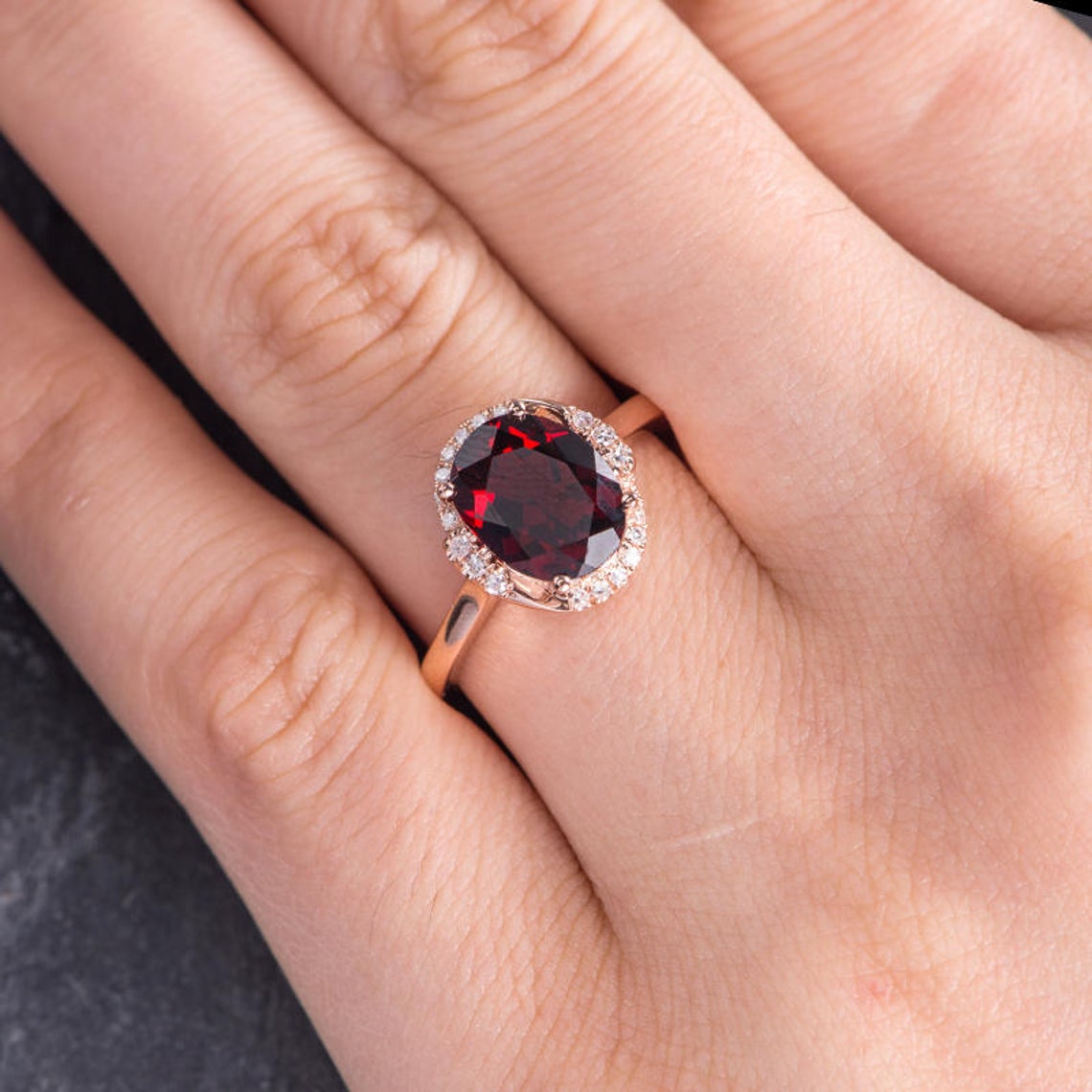 2.10 Ct Oval Cut Red Garnet Rose Gold Over On 925 Sterling Silver Solitaire W/Accents Anniversary Ring