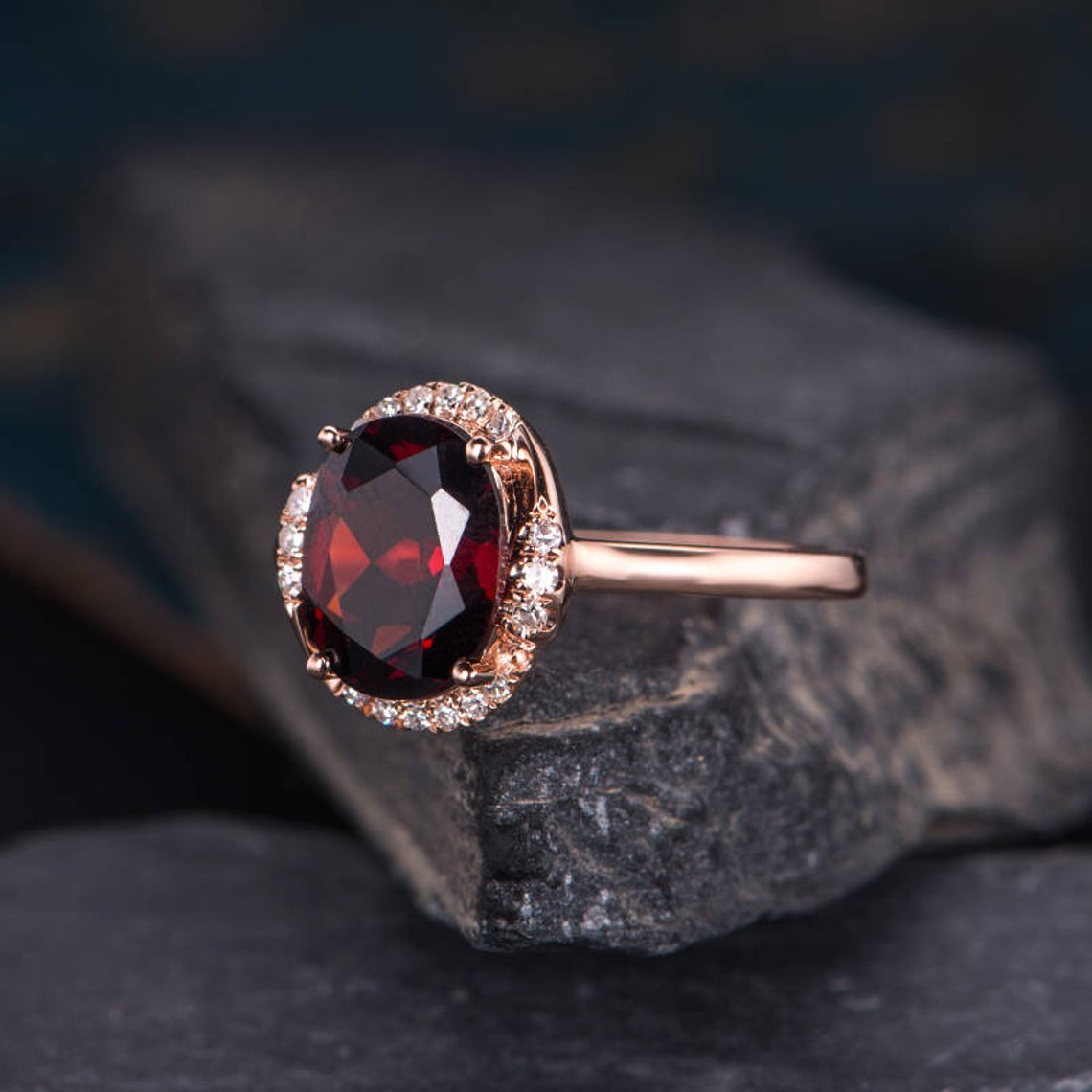 2.10 Ct Oval Cut Red Garnet Rose Gold Over On 925 Sterling Silver Solitaire W/Accents Anniversary Ring