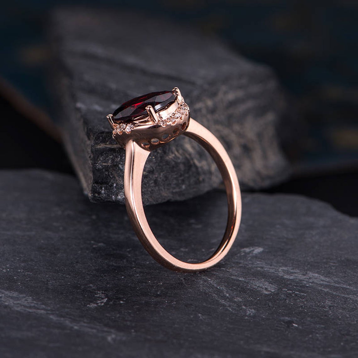 2.10 Ct Oval Cut Red Garnet Rose Gold Over On 925 Sterling Silver Solitaire W/Accents Anniversary Ring