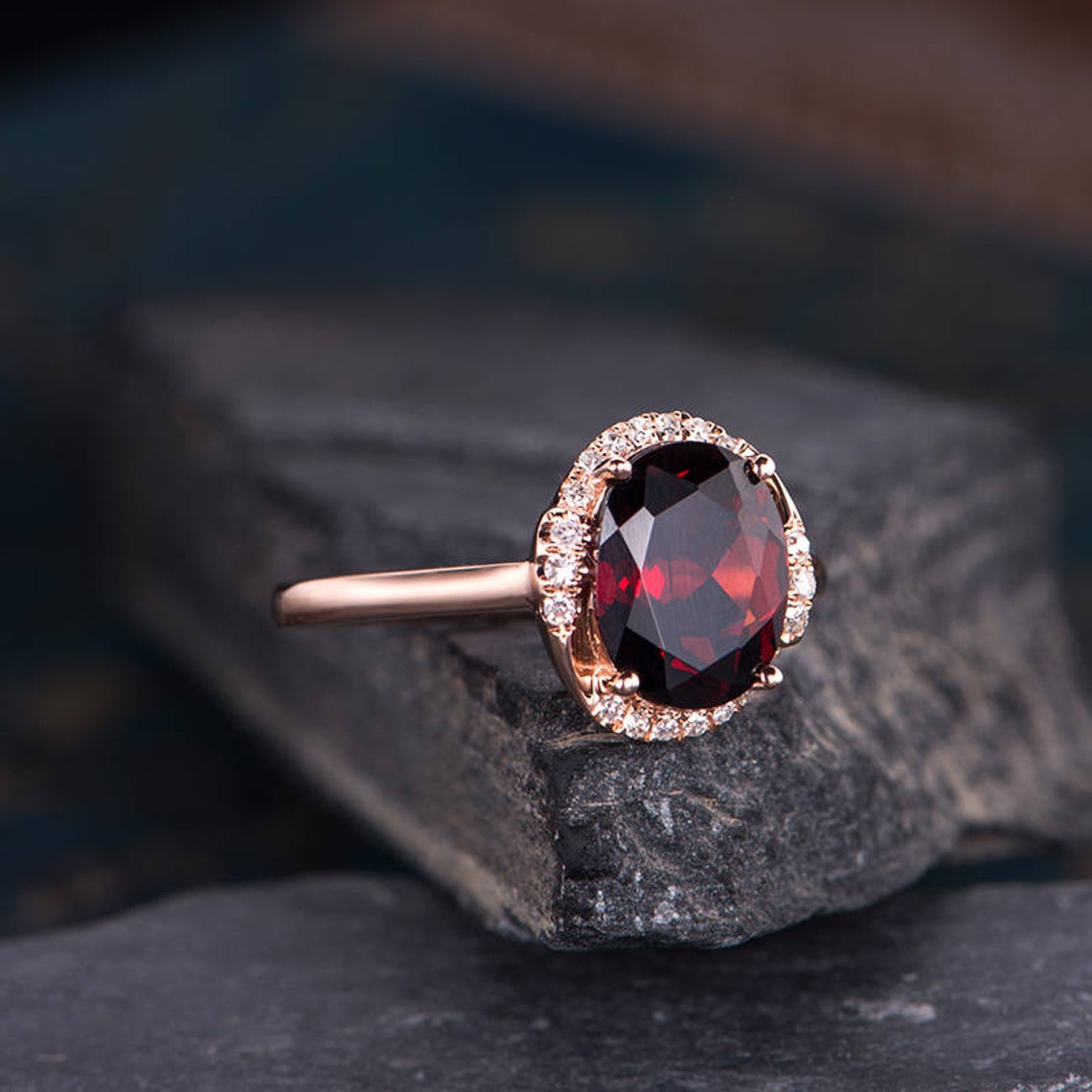 2.10 Ct Oval Cut Red Garnet Rose Gold Over On 925 Sterling Silver Solitaire W/Accents Anniversary Ring