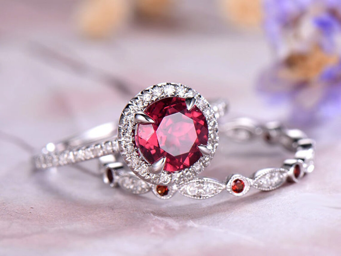 3.25 Ct Round Cut Red Ruby & White CZ Wedding Bridal Ring Set 925 Sterling Silver - atjewels.in