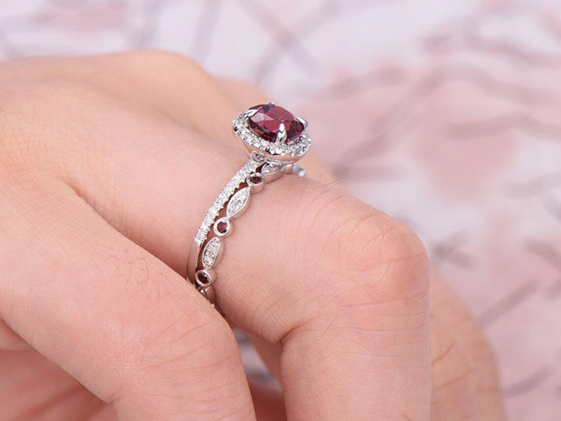 3.25 Ct Round Cut Red Ruby & White CZ Wedding Bridal Ring Set 925 Sterling Silver - atjewels.in