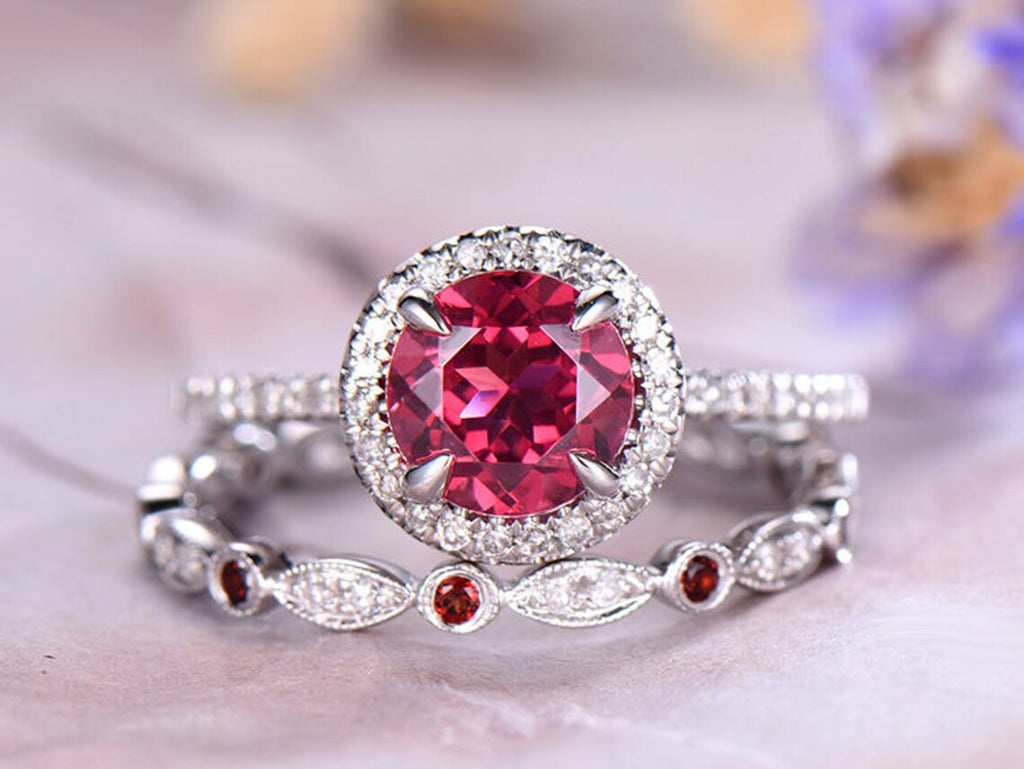 3.25 Ct Round Cut Red Ruby & White CZ Wedding Bridal Ring Set 925 Sterling Silver