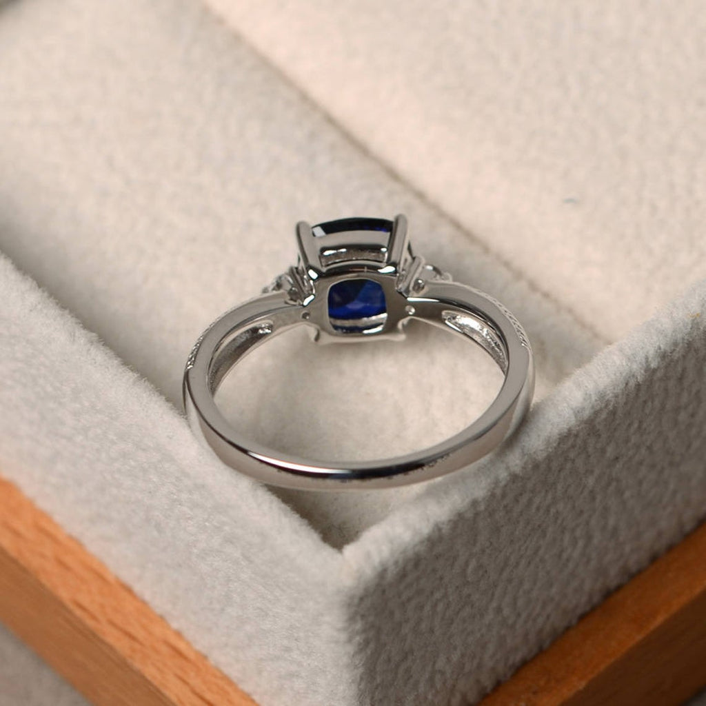 1.50 Ct Cushion Cut Blue Sapphire & White CZ 925 Sterling Silver Three-Stone Promise Ring