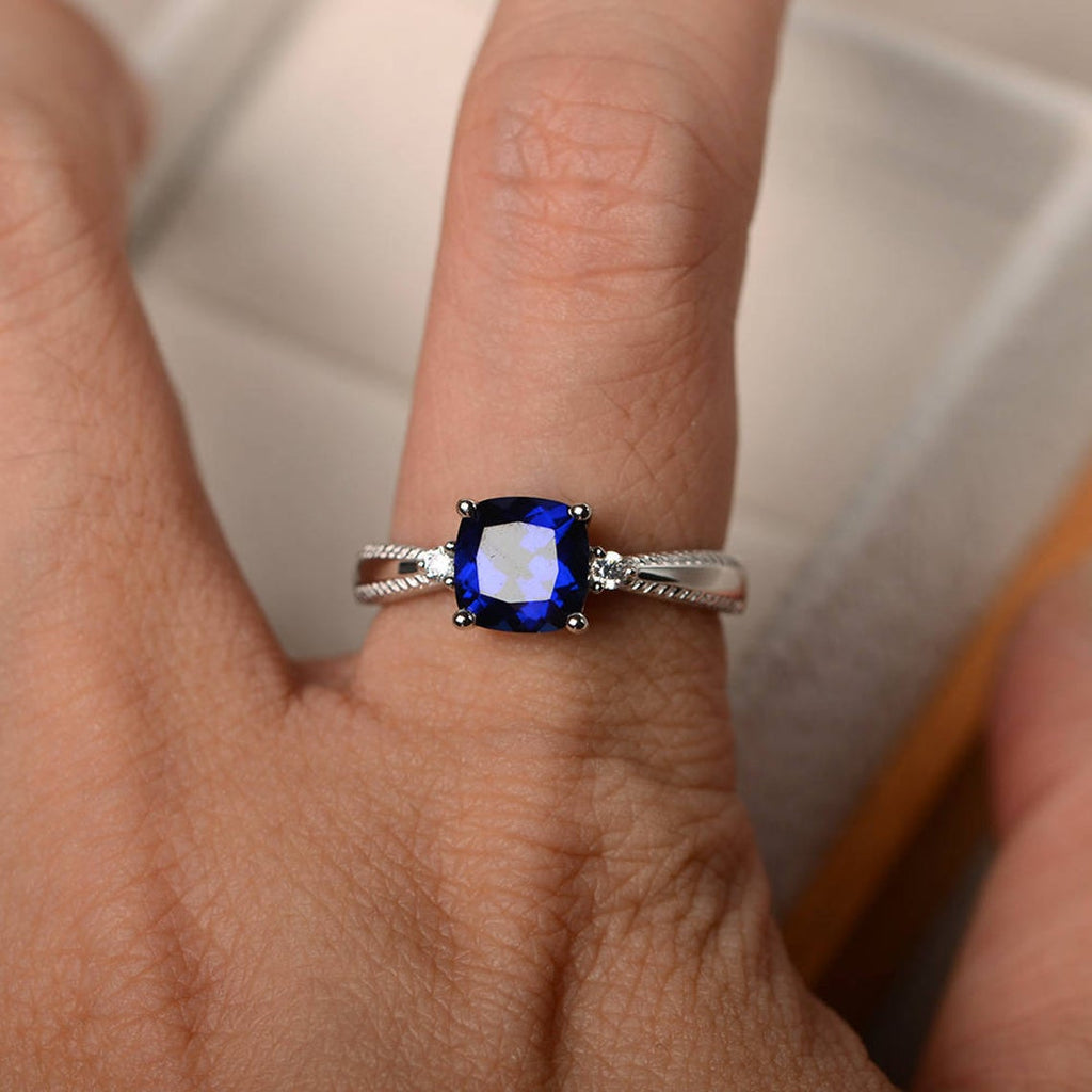 1.50 Ct Cushion Cut Blue Sapphire & White CZ 925 Sterling Silver Three-Stone Promise Ring