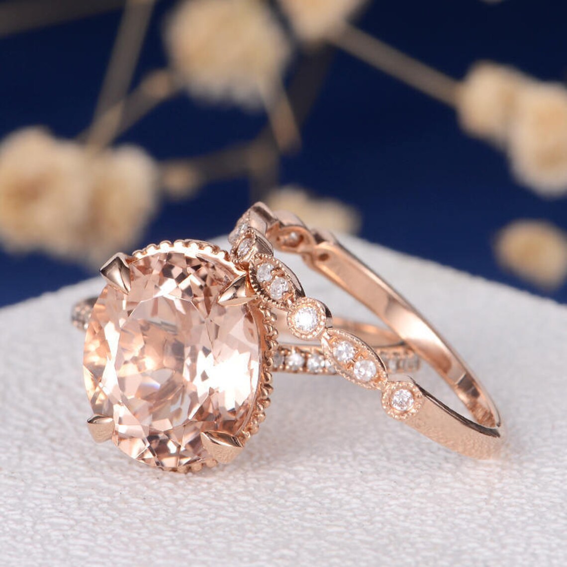 1 CT Oval CutMorganite & CZ Diamond Rose Gold Over On925 Sterling SilverEngagement Bridal Set Ring