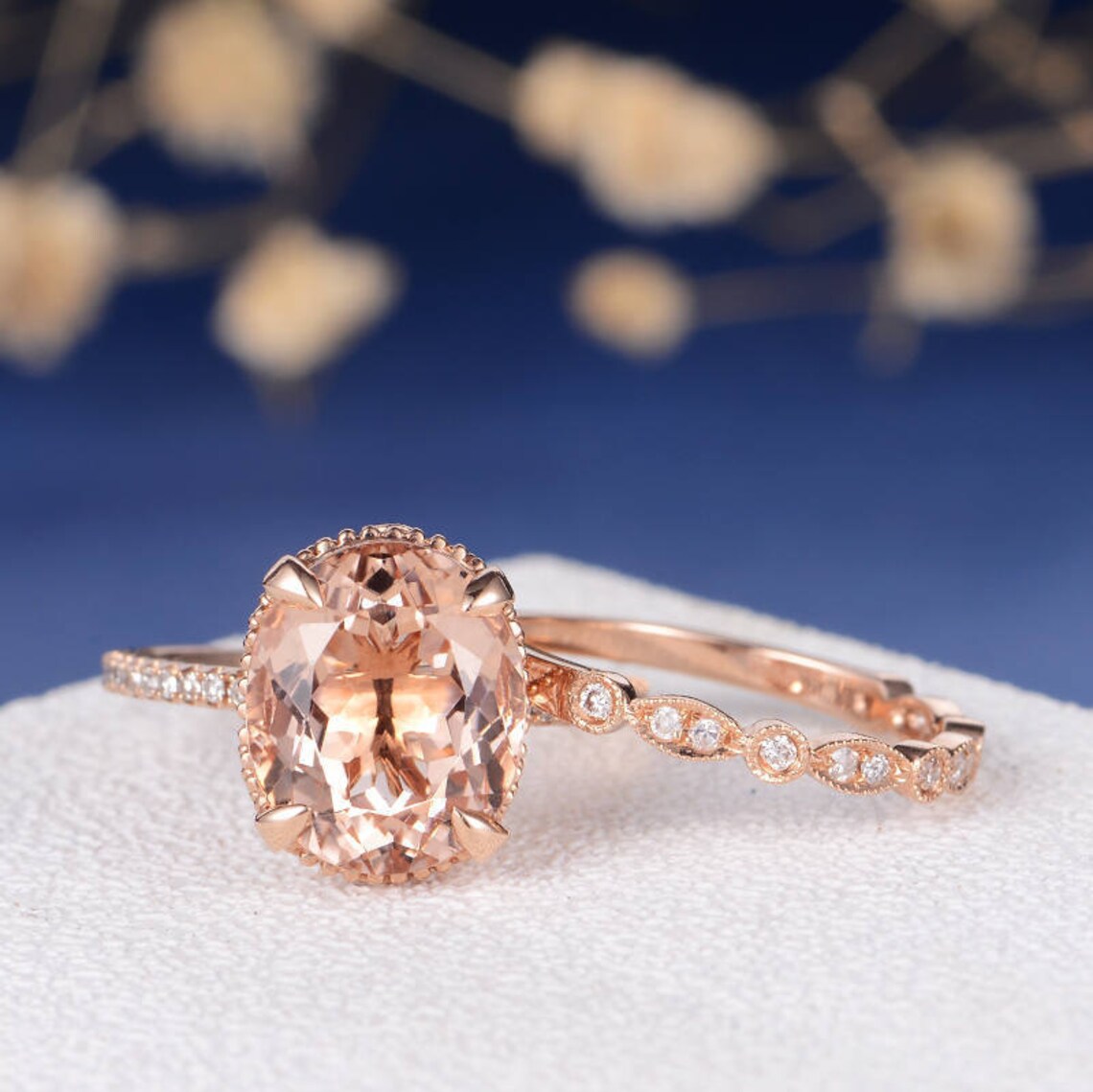 1 CT Oval CutMorganite & CZ Diamond Rose Gold Over On925 Sterling SilverEngagement Bridal Set Ring