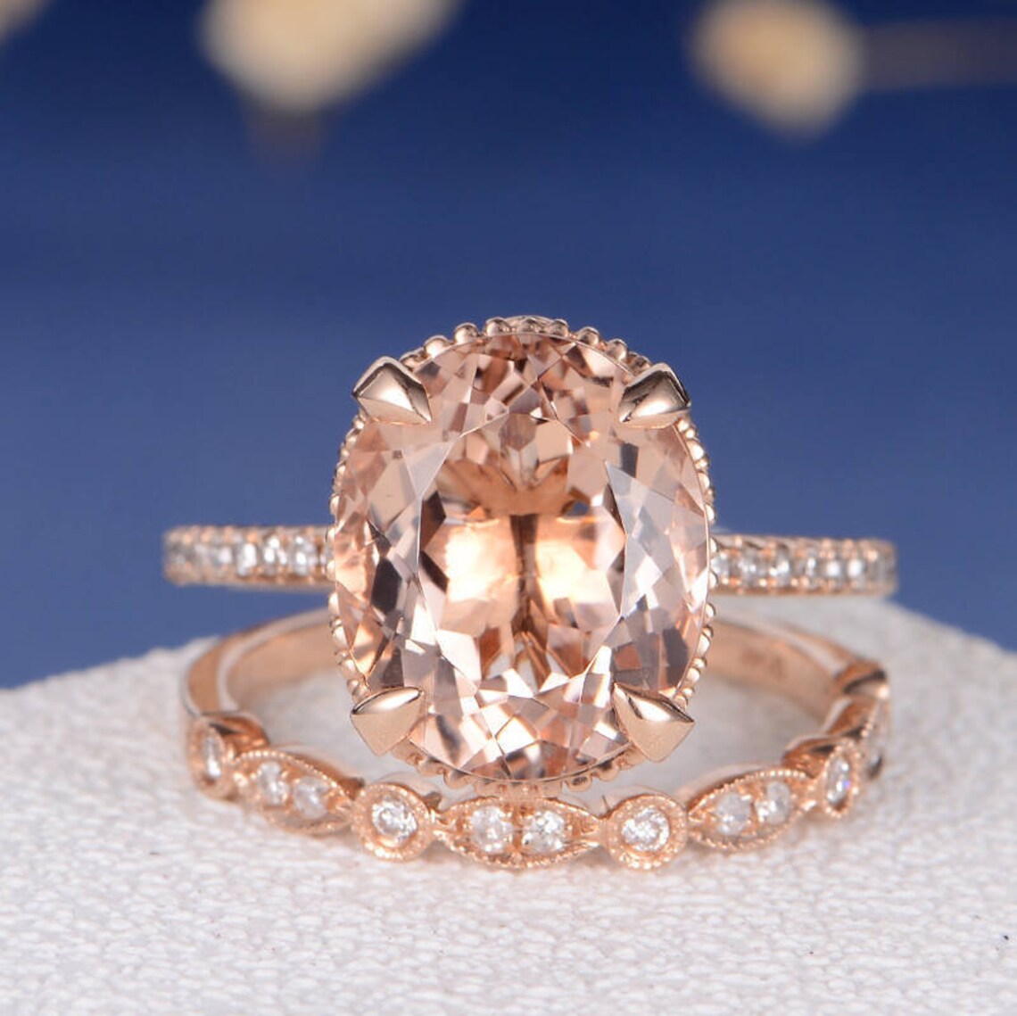 1 CT Oval CutMorganite & CZ Diamond Rose Gold Over On925 Sterling SilverEngagement Bridal Set Ring