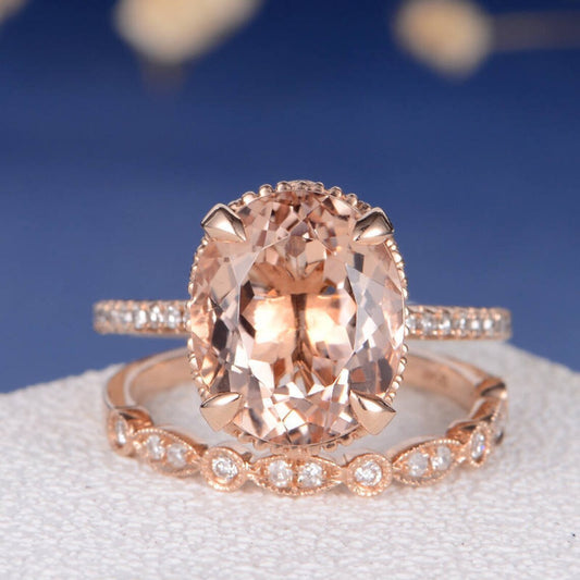 1 CT Oval CutMorganite & CZ Diamond Rose Gold Over On925 Sterling SilverEngagement Bridal Set Ring