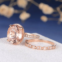 1 CT Oval CutMorganite & CZ Diamond Rose Gold Over On925 Sterling SilverEngagement Bridal Set Ring
