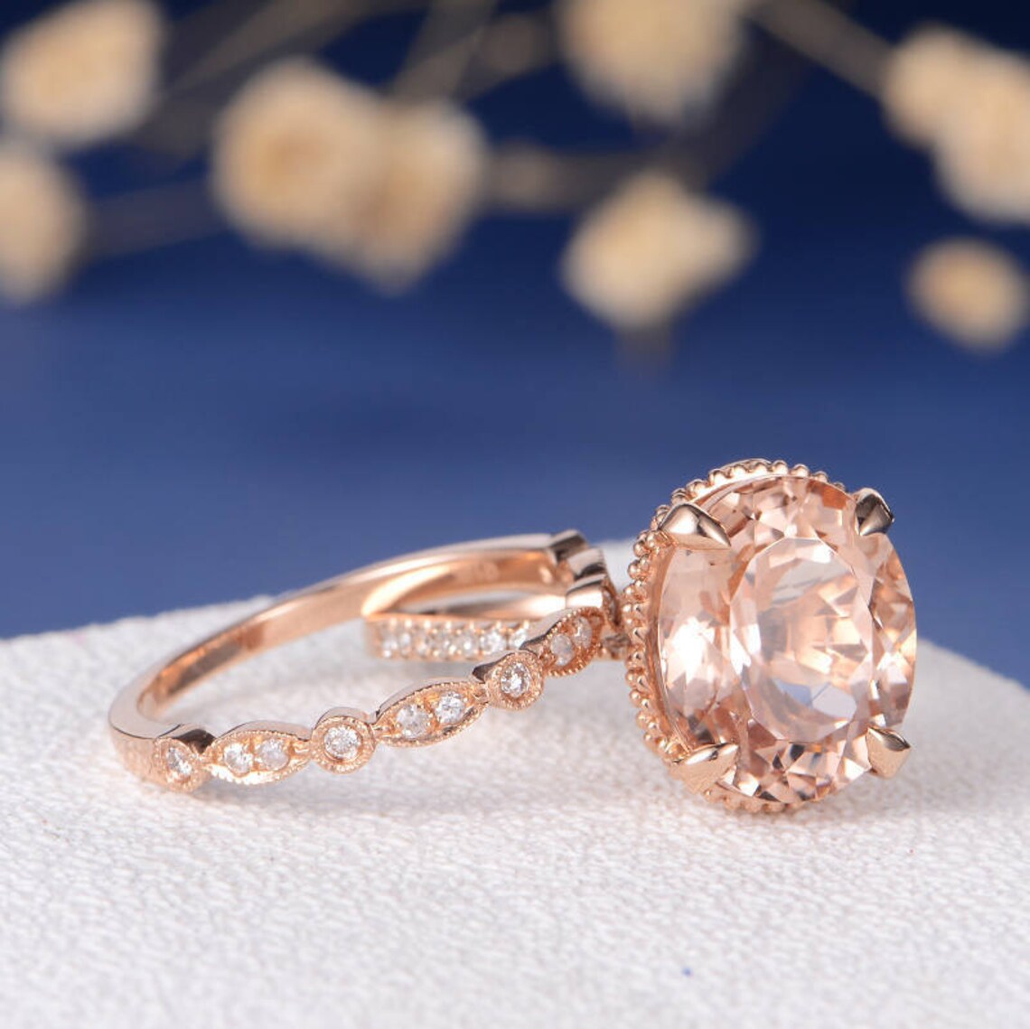 1 CT Oval CutMorganite & CZ Diamond Rose Gold Over On925 Sterling SilverEngagement Bridal Set Ring