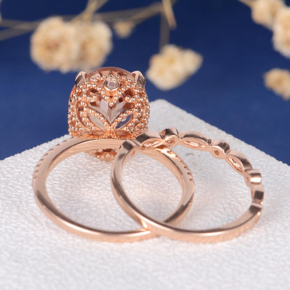 1 CT Oval CutMorganite & CZ Diamond Rose Gold Over On925 Sterling SilverEngagement Bridal Set Ring