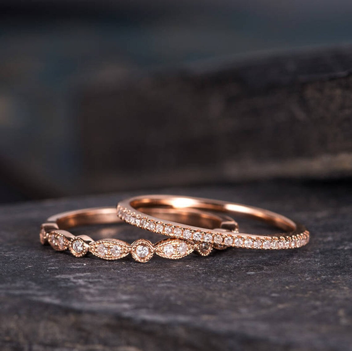 1.20 CT Round Cut White Diamond Rose Gold Over On 925 Sterling Silver Eternity Band Bridal Ring Set