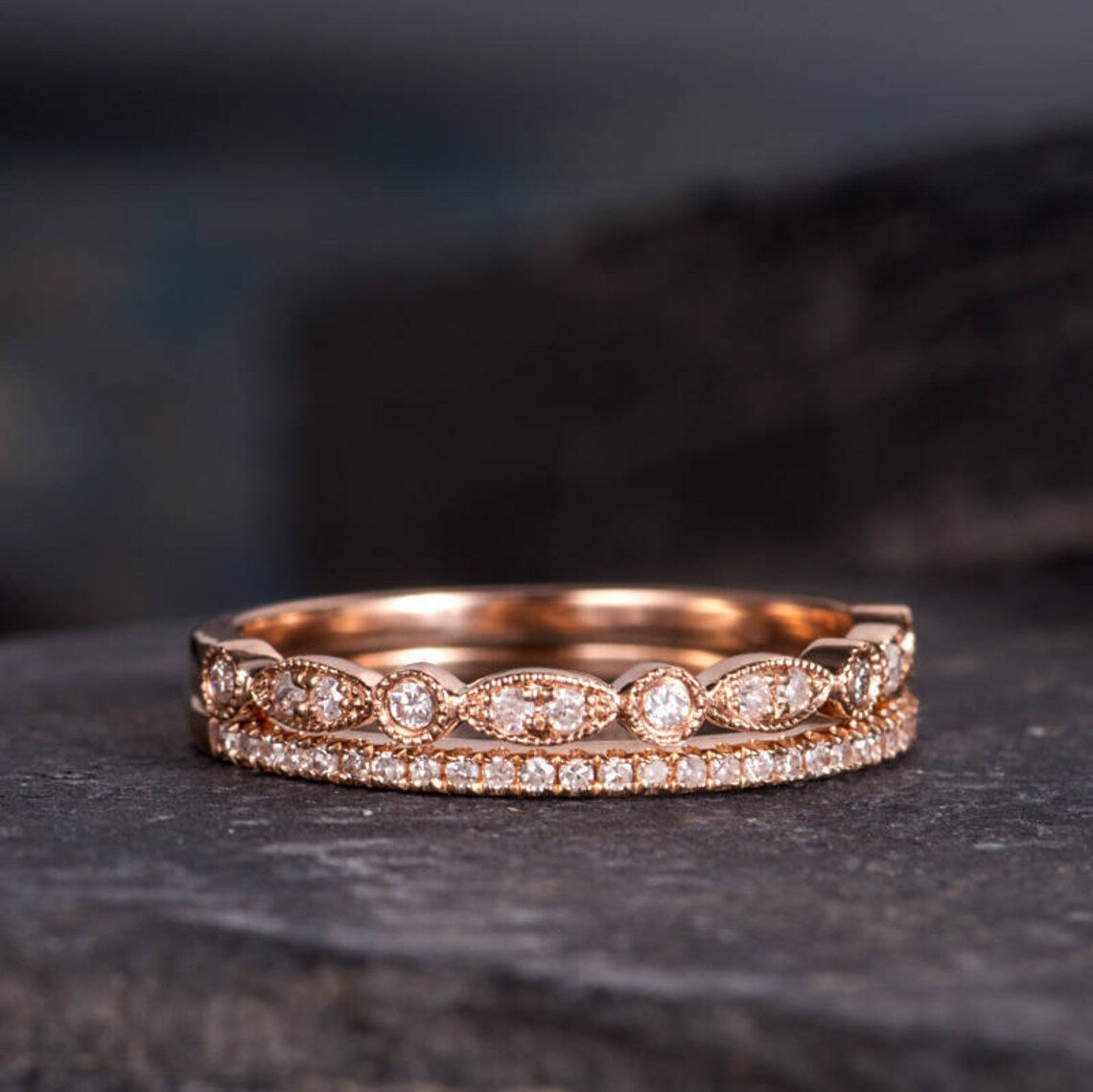 1.20 CT Round Cut White Diamond Rose Gold Over On 925 Sterling Silver Eternity Band Bridal Ring Set