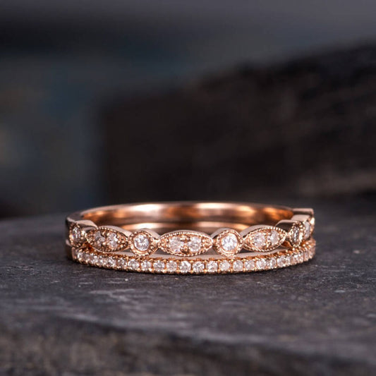 1.20 CT Round Cut White Diamond Rose Gold Over On 925 Sterling Silver Eternity Band Bridal Ring Set