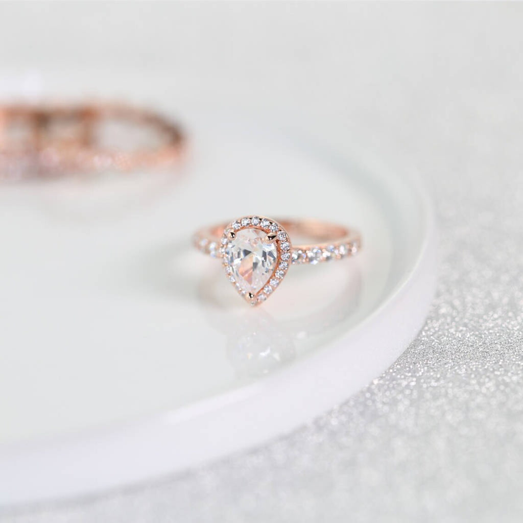 1 CT Pear Cut White Diamond Rose Gold Over On 925 Sterling Silver Halo Engagement Ring