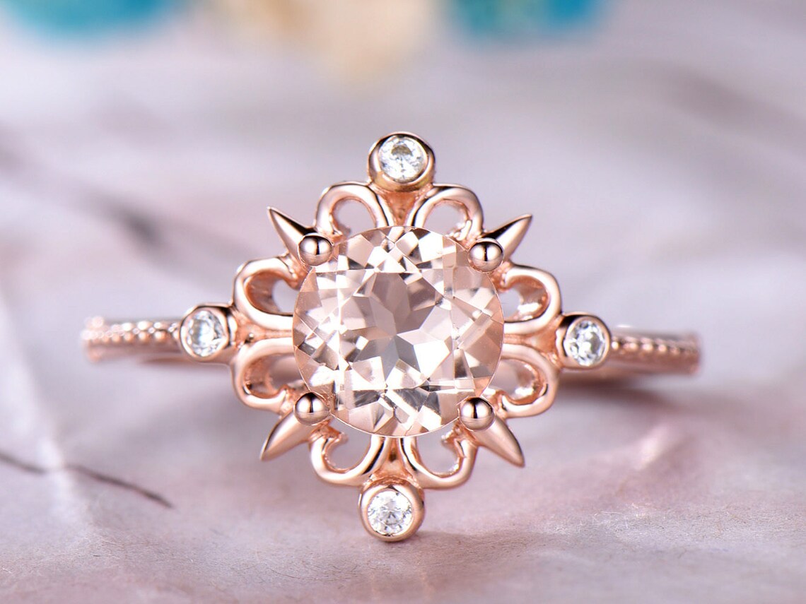 1 CT Round Cut Pink Morganite Rose Gold Over On 925 Sterling Silver Unique Floral Engagement Ring