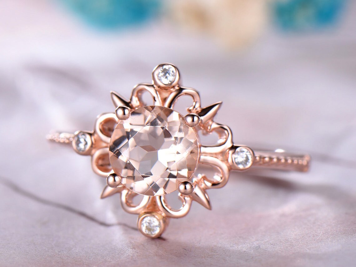 1 CT Round Cut Pink Morganite Rose Gold Over On 925 Sterling Silver Unique Floral Engagement Ring