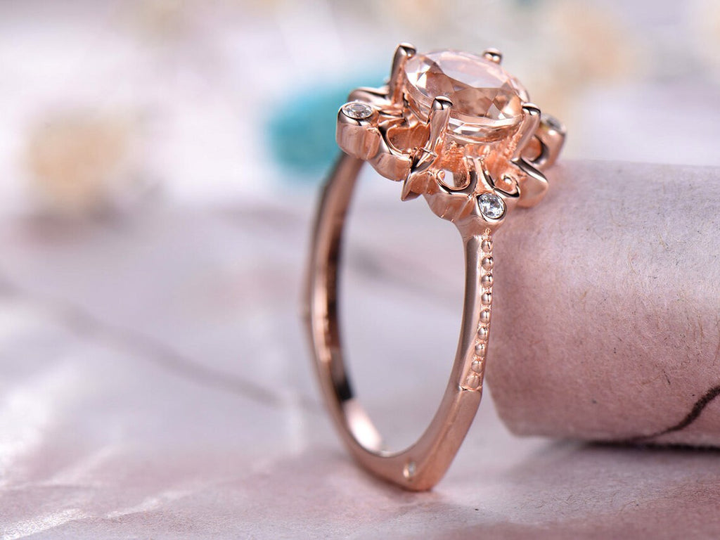 1 CT Round Cut Pink Morganite Rose Gold Over On 925 Sterling Silver Unique Floral Engagement Ring