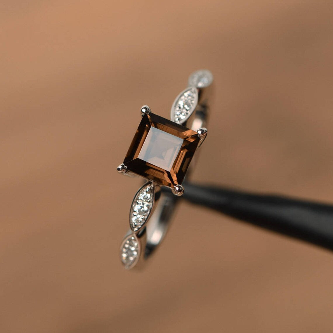 1.75 Ct Princess Cut Smoky Quartz 925 Sterling Silver Solitaire W/Accents Anniversary Ring